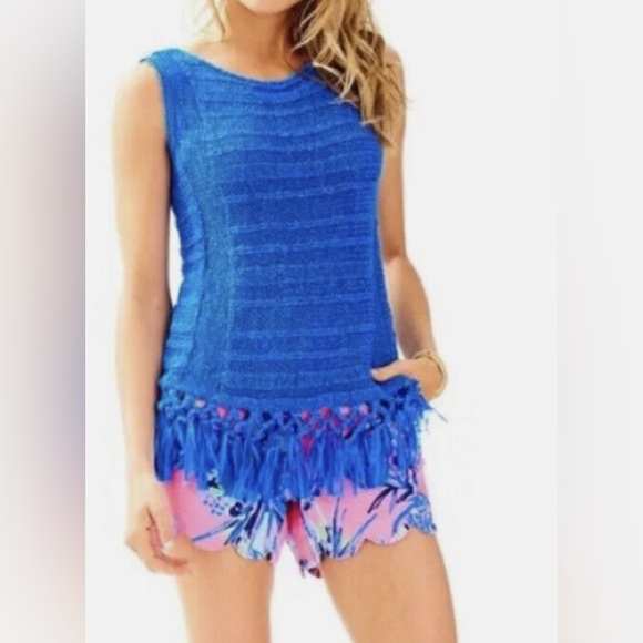 Lilly Pulitzer Luca Lapis Blue Fringe Sleeveless Sweater Size XS - Picture 2 of 7